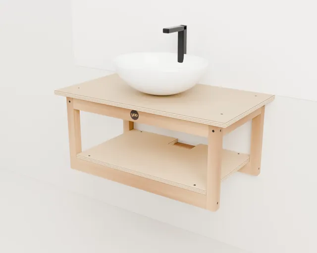 Muebles de baño: encimera, espejo, banco y estante · Taller