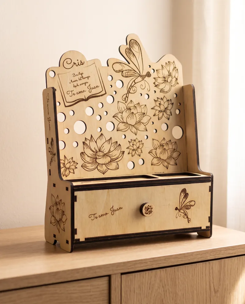 Dressing-table organiser with dragonflies, lotus and name