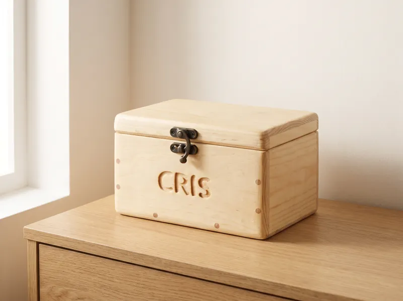 Pine chest with carved name