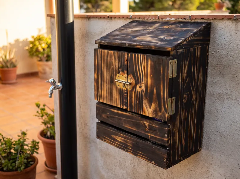 Outdoor shower cabinet in charred wood
