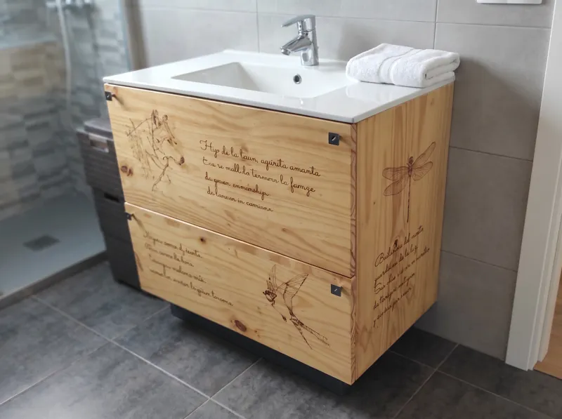 Custom bathroom vanity with engraved dragonflies and verses